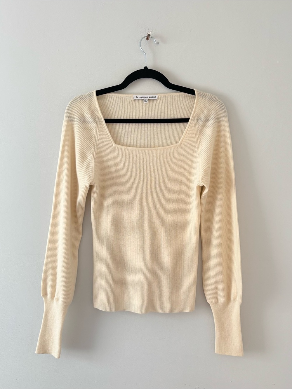 The Cashmere Project Square Neck Long Puff Sleeve Sweater 100% Cashmere Ribbed
